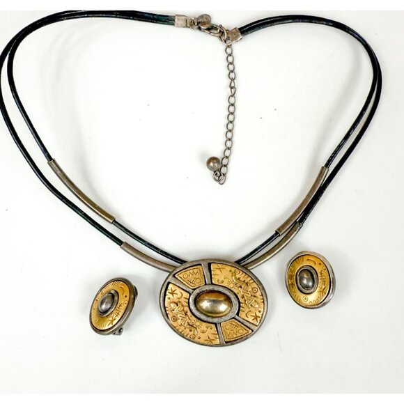 Chico's Celestial Tribal Oval Pendant Leather Cords Necklace & Earrings Set - Picture 1 of 4